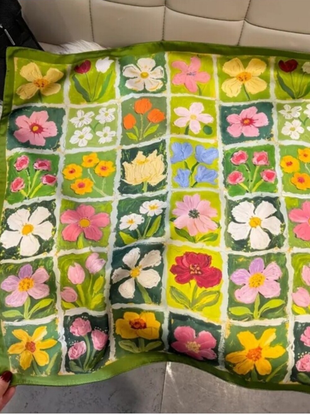 Silk-feel Floral Patchwork Cotton Bedspread - Green with Multicolor Flowers